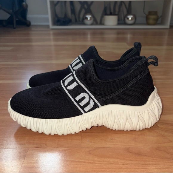 MIU MIU $950 Calzature Donna Black Platform Logo Band Knit Sneakers Size 7.5/8